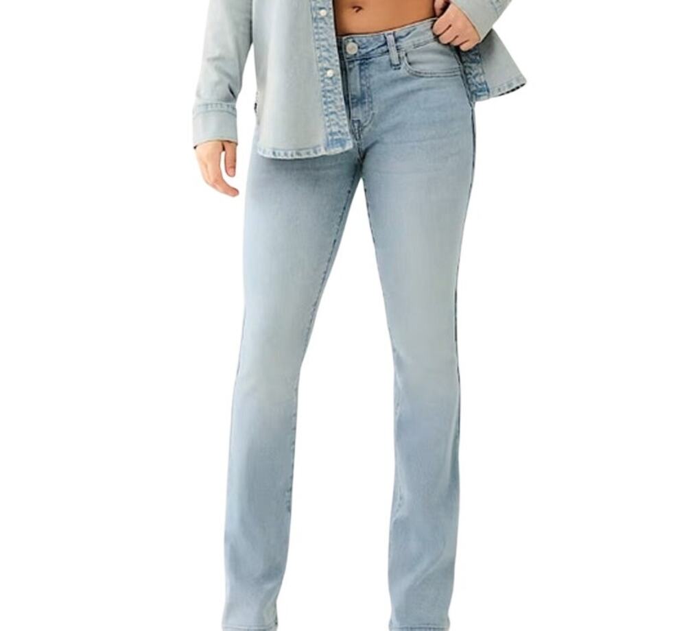 True Religion Women's "Becca" Flap Mid-Rise Bootcut Jeans in Light Wash Blue